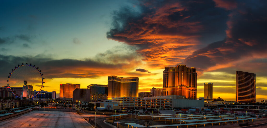 Sunset panorama above casinos on the las vegas strip