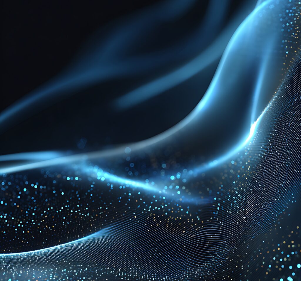 Abstract Blue Wave with Shimmering Particles and Textured Lines on Dark Background Design