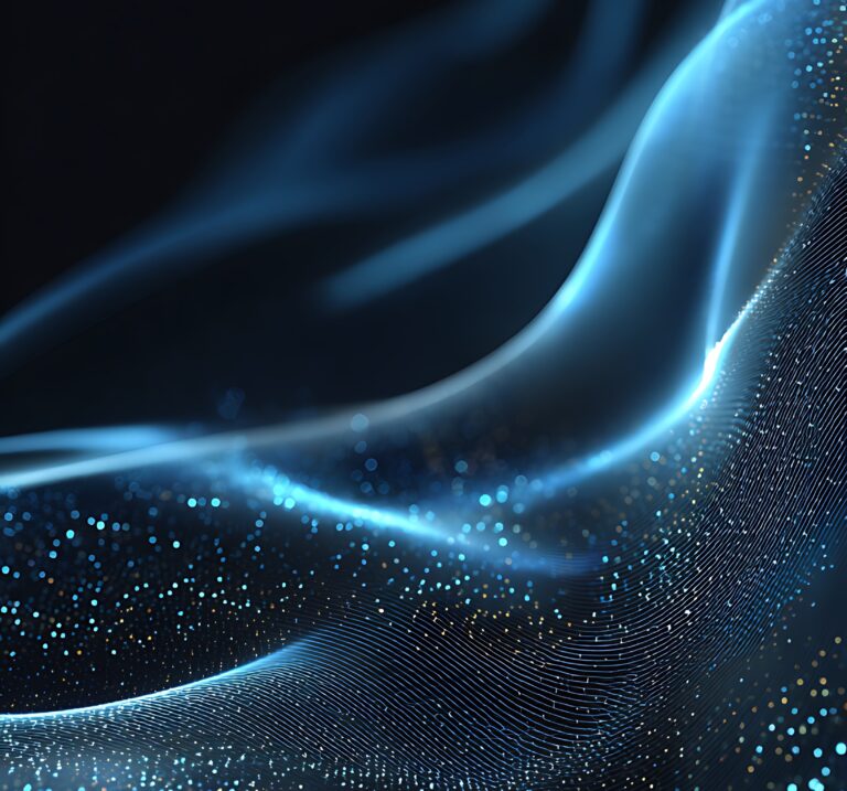 Abstract Blue Wave with Shimmering Particles and Textured Lines on Dark Background Design